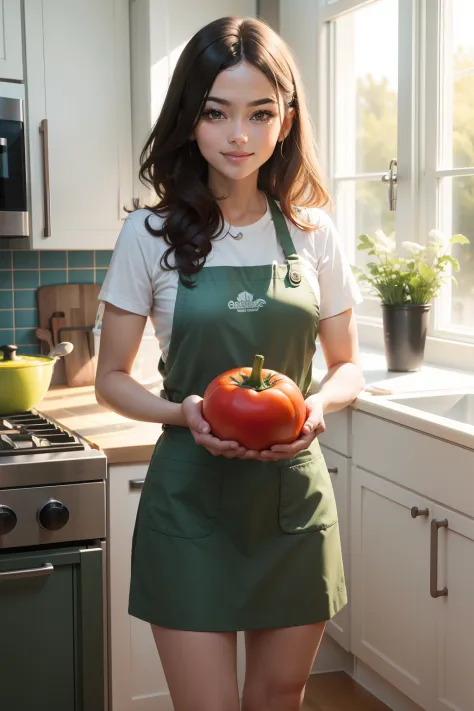 host standing in a bright, modern kitchen, holding a colorful bowl of fresh vegetables