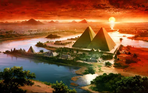 ancient egyptian civilization，wide wide shot，nile river，pyramid，setting sun，the river extends to the horizon，epic sense，sense of...