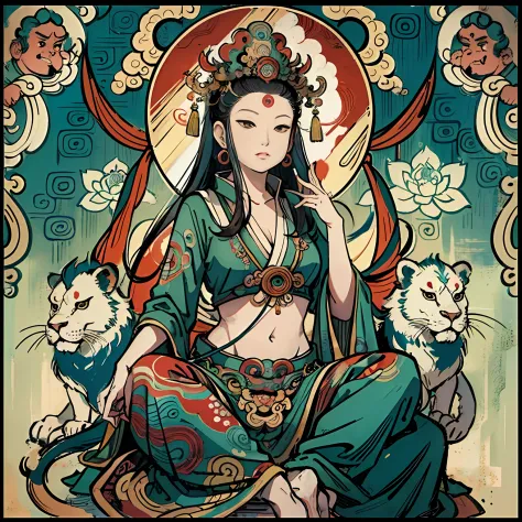 an ancient chinese goddess, guanyin of the southern seas, guanyin, inspired by india, avalokiteshvara rides a lion，,serene expre...