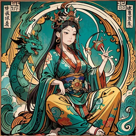 an ancient chinese goddess, guanyin of the southern seas, guanyin, inspired by india, avalokiteshvara rides a dragon，,serene exp...