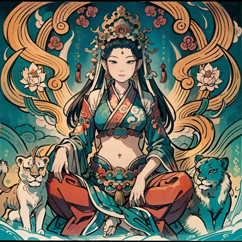 an ancient chinese goddess, guanyin of the southern seas, guanyin, inspired by india, avalokiteshvara rides the lion，,serene exp...