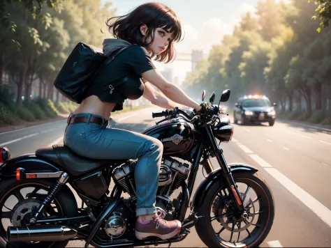 beautiful lofi girl riding a massive black harley davidson motorcycle side view, one black shoe facing camera, dragging tin cans...