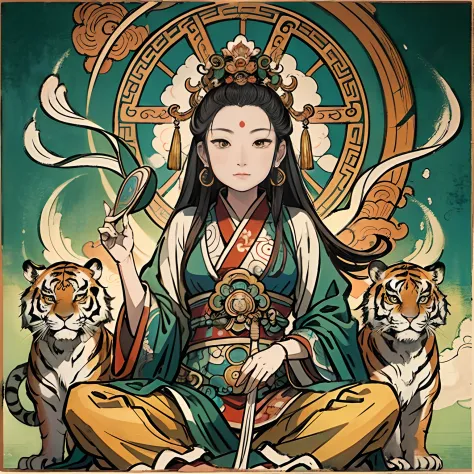 an ancient chinese goddess, guanyin of the southern seas, guanyin, inspired by india, avalokiteshvara rides a tiger，,serene expr...