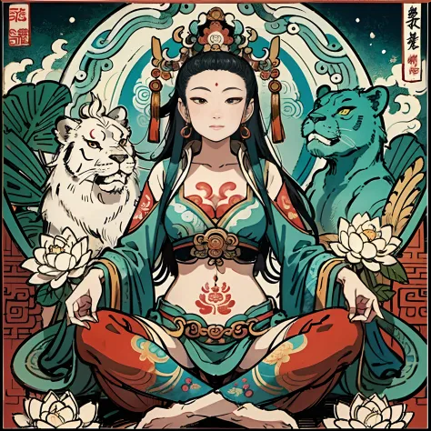 an ancient chinese goddess, guanyin of the southern seas, guanyin, inspired by india, avalokiteshvara rides a lion，,serene expre...