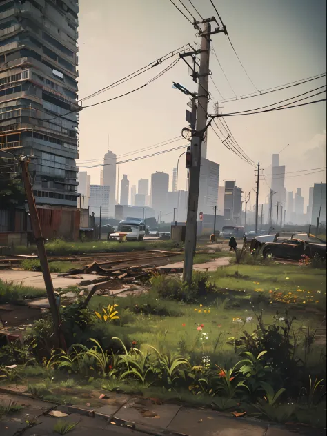 abandoned metropolis，dilapidated city streets，after the apocalypse，abandoned cars，weeds，wet ground，telephone poles，wild animals，...