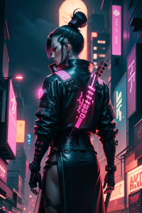 cyber punk digital art of a neon lit city with a samurai figure highlighting the contrast between traditional and futuristic 4k ...