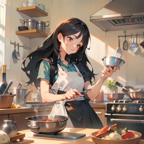 a girl with long black hair and an apron，cooking in the kitchen，hold the bowl in your right hand，hold a spoon in your left hand