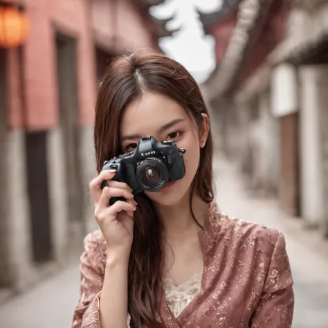 photography of，a chinese girl stands on the roof of a modern city