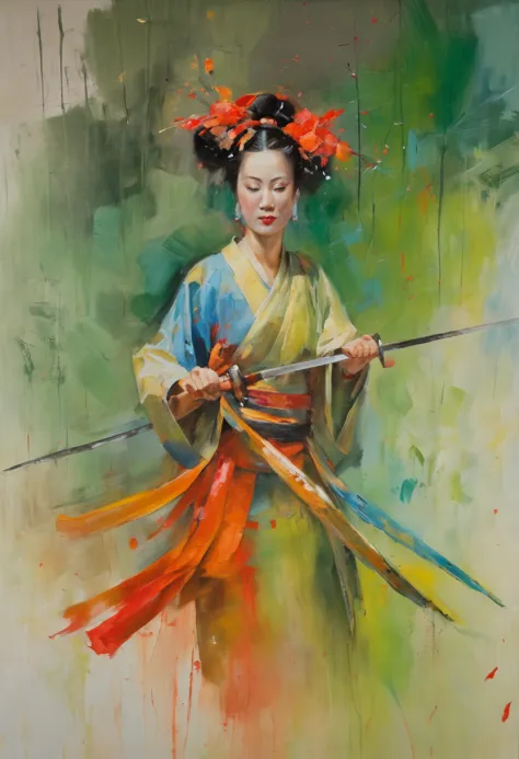 1 oriental female swordsman，dancing swords in a bamboo forest in the rain