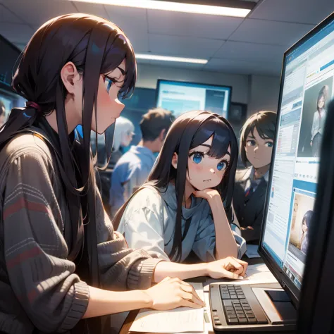 a group of people gathered in front of the computer，staring intently at the computer screen