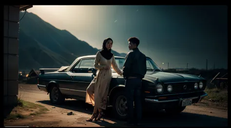 1 malay man (young 20 years old malay man) and 1 russian girl in hijab and wearing baju kurung at old abandoned gas station, rou...