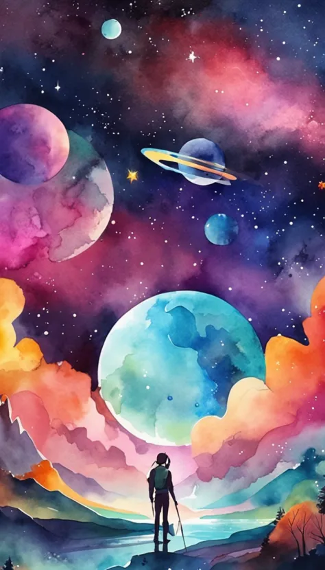 colorful futuristic space illustration，there's a planet in the middle,com naves e discos voadores,two are two moons and a rainbo...