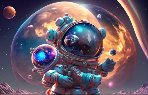 colorful cartoon astronaut in space with planets in the background amazing space creature 4k in space little astronaut looking u...