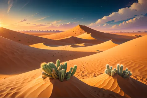 endless desert、sand dune，tenacious cactus，close-up shot shot，desert oasis， it represents the eternity of life，sunset in the dese...