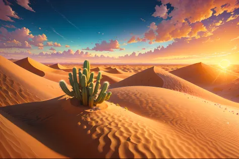 endless desert、sand dune，tenacious cactus，close-up shot shot，desert oasis， it represents the eternity of life，sunset in the dese...