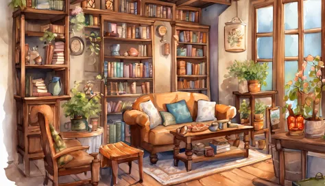 there is a living room，there are a lot of books on the shelves, cozy cafe background, cozy place, cozy environment, designed for...