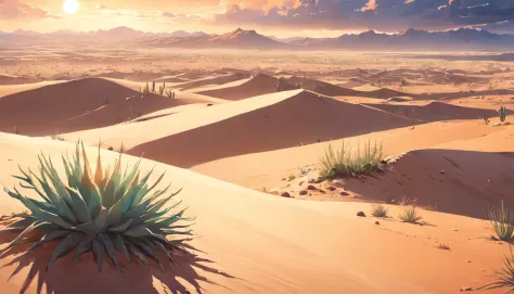 ((vast desert)),oasis in the desert.desert cactus ,sprawling，empty，（sand），（nohumans），desolated，blurryforeground，depth of fields，...