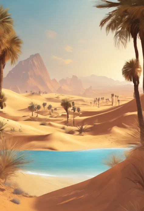 yellow sand in the sky，oases，the background is a vast desert, desert oasis，digital landscape art, detailed scenery —width 672, l...