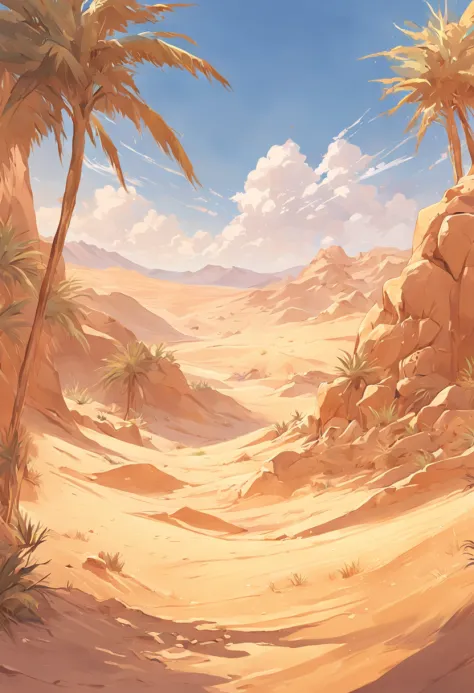 yellow sand in the sky，the background is a vast desert, desert oasis，richcolors，digital landscape art, detailed scenery —width 6...