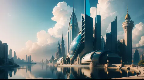 sidon style, city of progress, futuristic city, utopian world, shiny great colors,prosperous building, high-end clothing and arc...