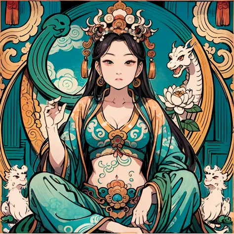 an ancient chinese goddess, guanyin of the southern seas, guanyin, inspired by india, avalokiteshvara rides a dragon，,serene exp...