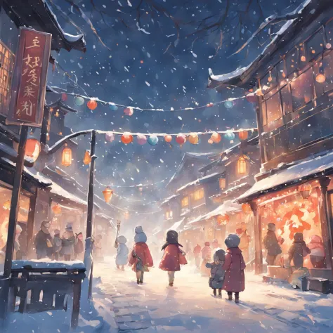 in the snowy winter scene，people celebrate the festival happily，decorated with ornate houses。the paintings vividly show people h...