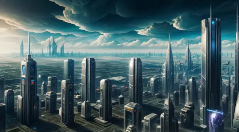 close-up of city with sky background and sky with clouds, huge futuristic temple city, sci-fi fantasy wallpaper, in fantasy sci ...