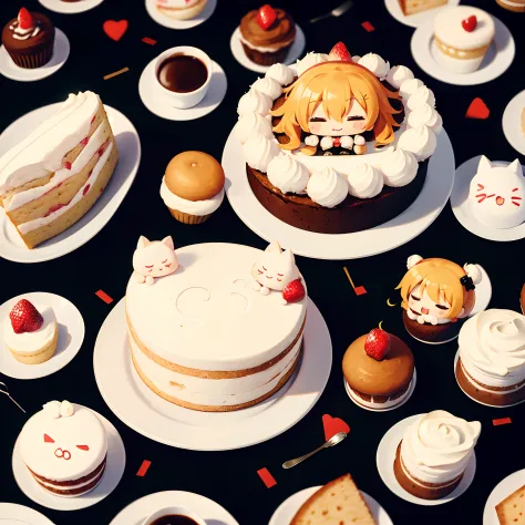 (cake in the shape of a chibi character), lots of chibi characters, on the table,