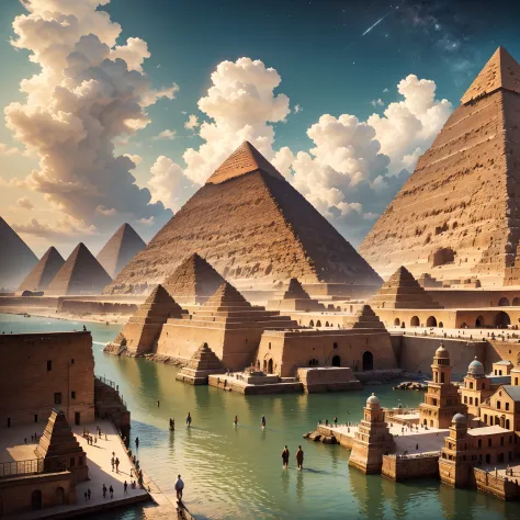 (great pyramid surrounded beautiful city, with lots of people strolling), landscape, water, (16k wallpaper of extremely detailed...