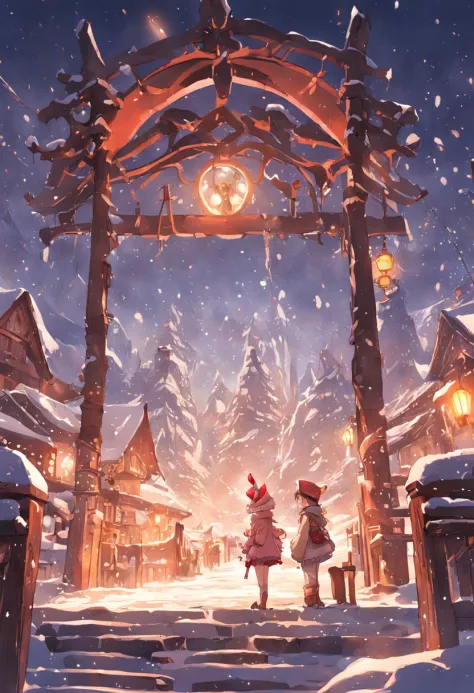 *image*: breathtaking scenery, snow-covered plateau,enchanted villages,colorful lights.two, elves , build a giant snowman, sungl...