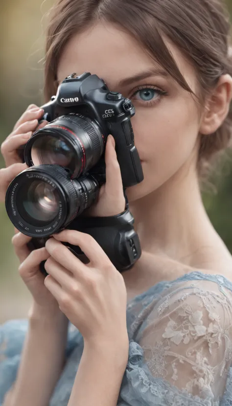 photo realistic, pretty girl, 22, blue eyes holding a camera,