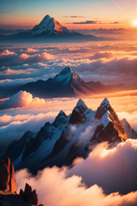 sunraise，sea of clouds，mountain tops，back shadow，view from long distance，realisticlying，plethora of colors，gorgeous and colorful...