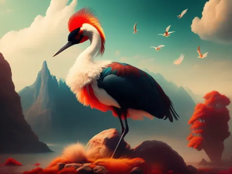 there is a one-legged red-crowned crane standing on a rock in the grass, a digital painting inspired by mike winkelmann, cgsocie...