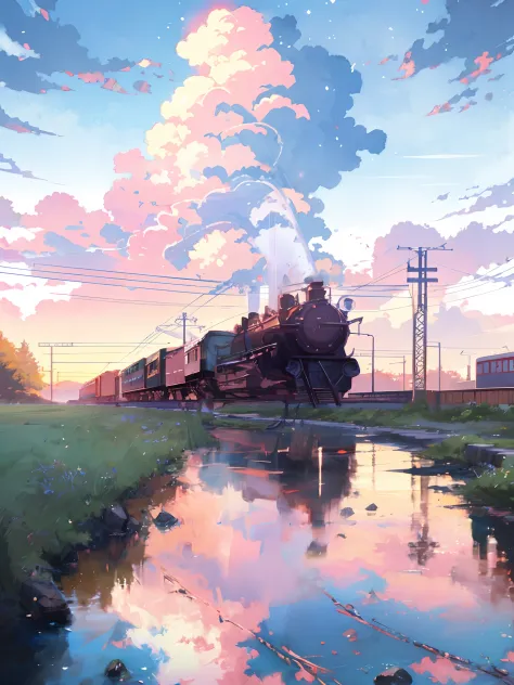 anime train on tracks through body of water, image by makoto shinkai, pixiv, concept art, lofi art style, reflection. enhanced d...