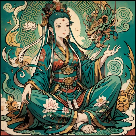 an ancient chinese goddess, guanyin of the southern seas, guanyin, inspired by india, avalokiteshvara rides a lion，,serene expre...