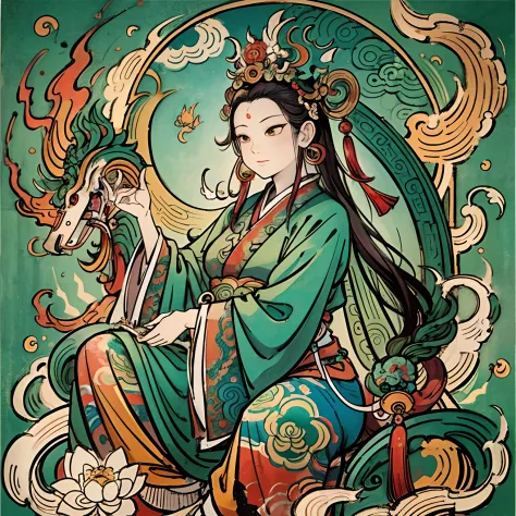 an ancient chinese goddess, guanyin of the southern seas, guanyin, inspired by india, avalokiteshvara rides a phoenix，,serene ex...