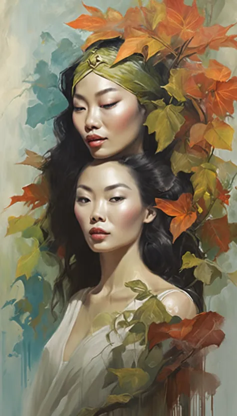 white face and white head，asian women have leaves,holding a mic，singing， beautiful fantasy portrait, beautiful fantasy art portr...