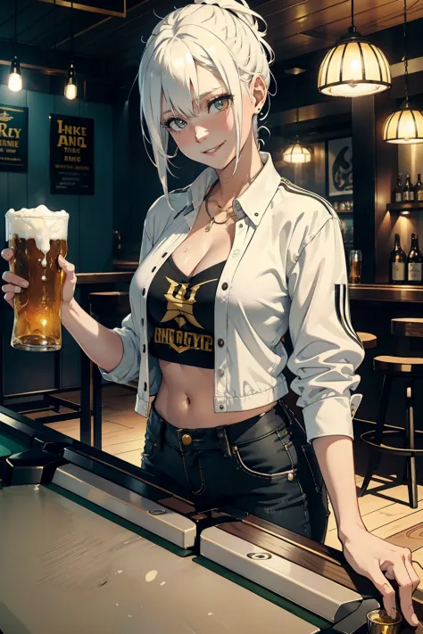 oung woman, white hair, yellow etes, wearing one black letter jacket, white shirt, jeans short in a bar, holding one beer mug, s...