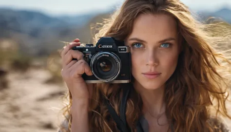 foto realista, beautiful young lady, 22, blue eyes holding a camera, --ar 4:5