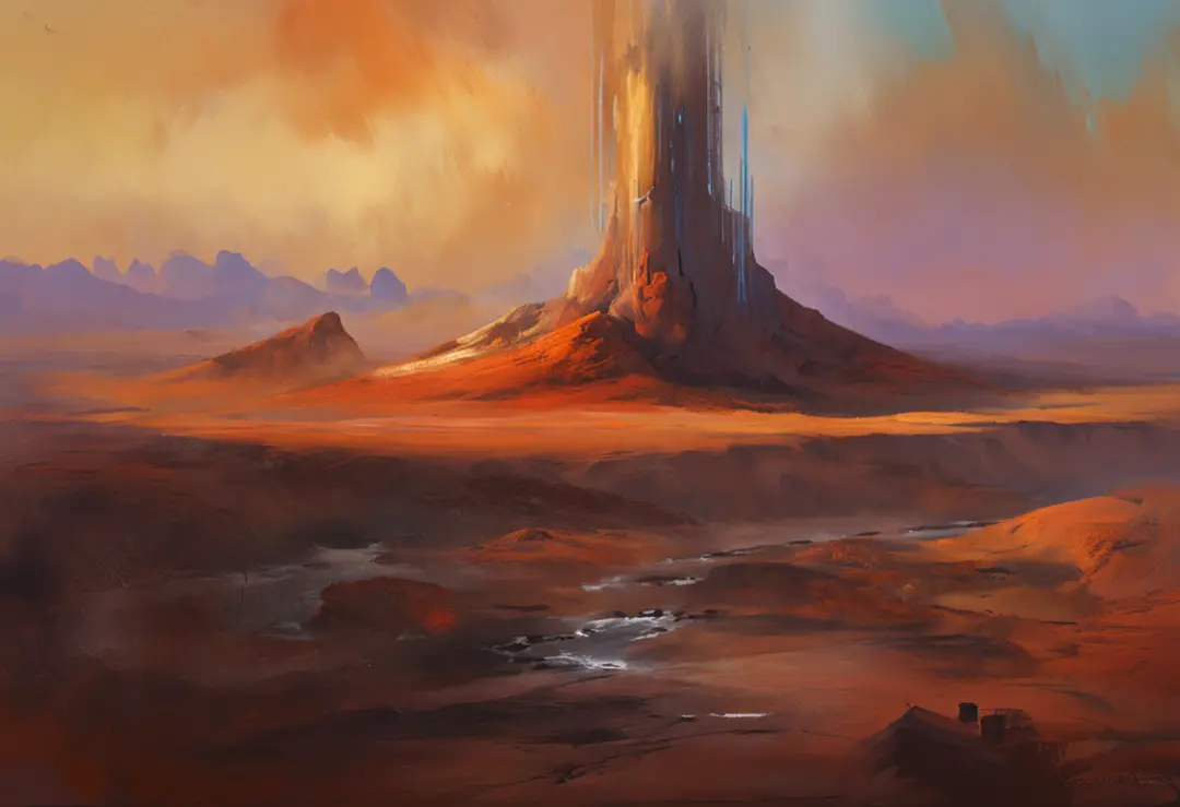 um deserto de areias brancas, com uma grande torre demoniaca ao fundo e um grande buraco negro a cima dessa torre, sci-fi horror...