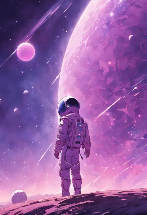 purple tint，bright tones，close-up of a man in a spacesuit standing in the desert, planetes, floating beside planets, standing in...