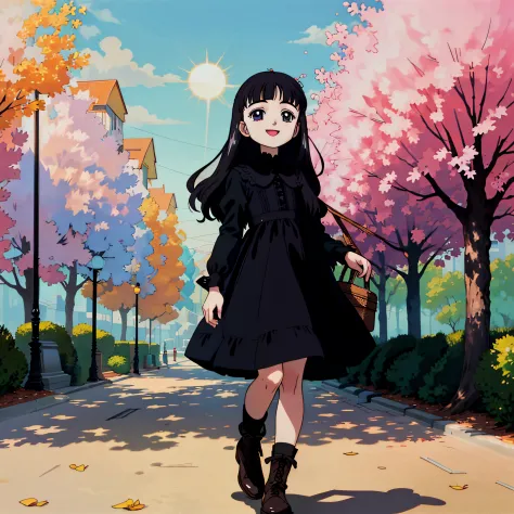 (raw picture), 1girl, daidouji_tomoyo with black eyes, wearing (black laced dress), happy, at the parc, full body, soft smile, s...