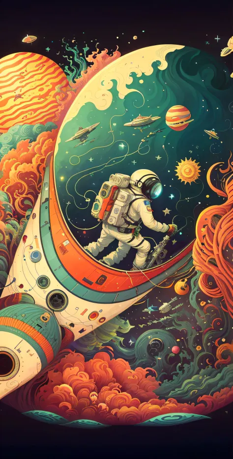 astronauts in spacesuits float on a spaceship surrounded by planets, space travelling, space travelling, psychedelic illustratio...