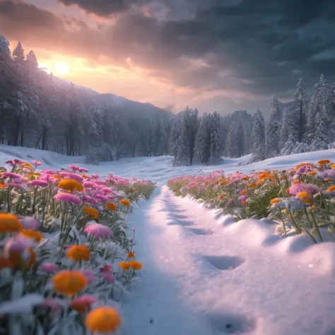 best quality, masterpiece, flower garden in the snow land, only one daisy survived in the harsh winter, high resolution, (photog...