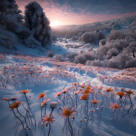 best quality, masterpiece, flower garden in the snow land, only one daisy survived in the harsh winter, high resolution, (photog...