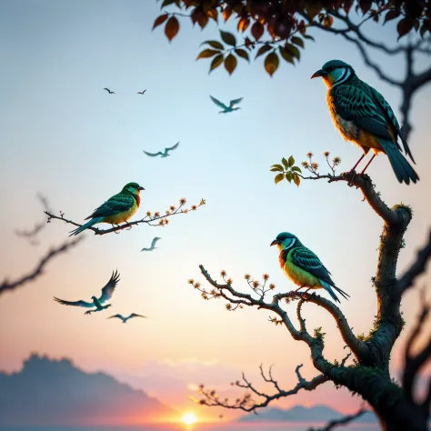 2bird sitting on a branch of tree, beautiful, peaceful, morning light, close up, volumetric color, dynamic lighting, cinematic, ...