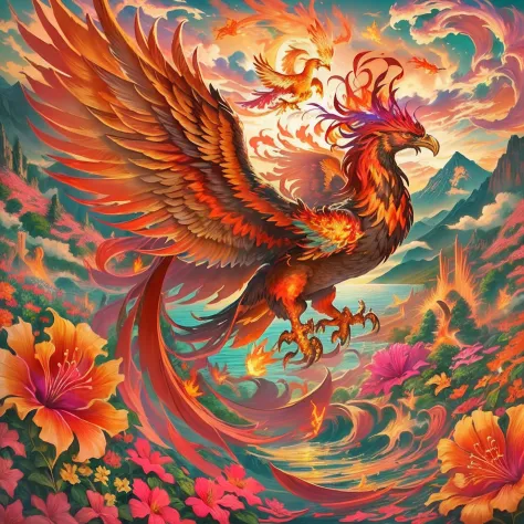 intricate illustration of a powerful phoenix in flight, it stretches its wings，vibrant flames drag behind it. the phoenix is sur...