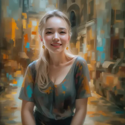 oil painting style，oil painting style，oil painting style，oil painting style，close up of smiling looking up、close up of smiling l...