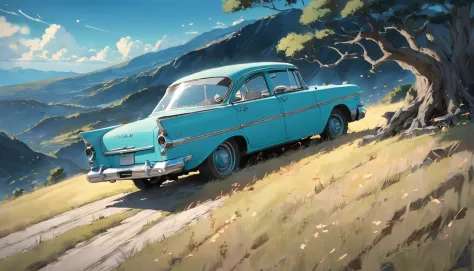 create a compelling story that revolves around an old car parked on a rolling hill, old car, weathered by time, looking up at th...