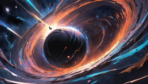 visualize a daring space explorer approaching the edge of a black hole, where time and space distort in a captivating way. conve...